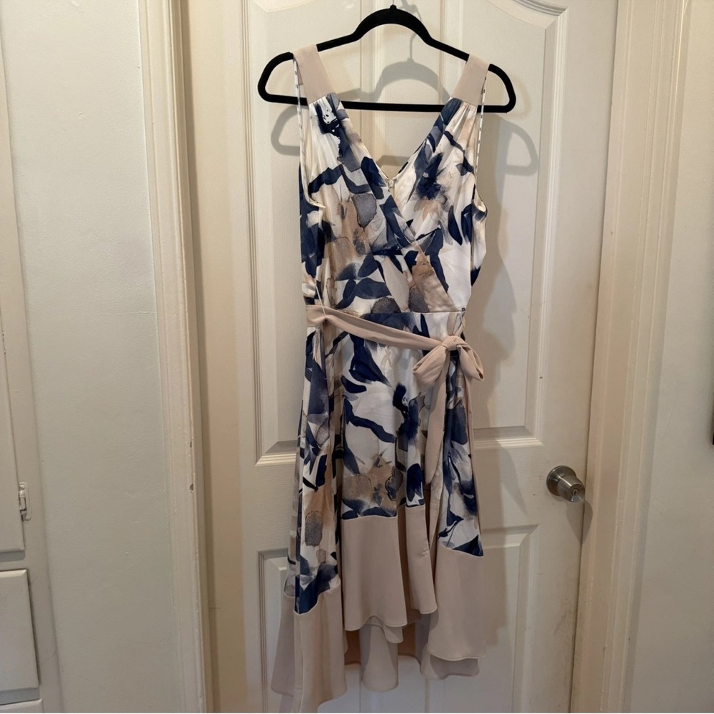 DKNY Blue and Cream Floral High Low Dress